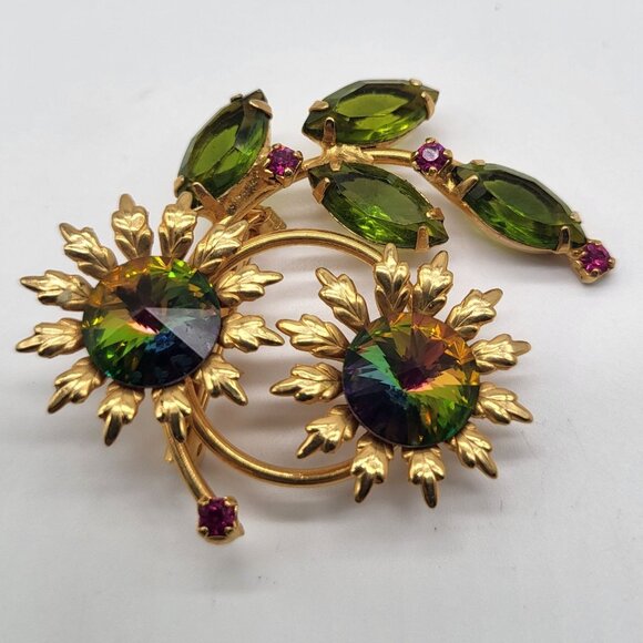 Juliana DeLizza Elster? Flower Watermelon Rivoli Green Pink Rhinestone Brooch